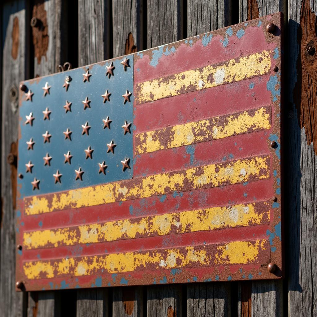 Rustic metal American flag sign mounted on a weathered barn wall