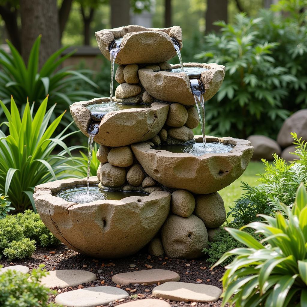 Rustic Stone Four-Tier Water Fountain in a Garden