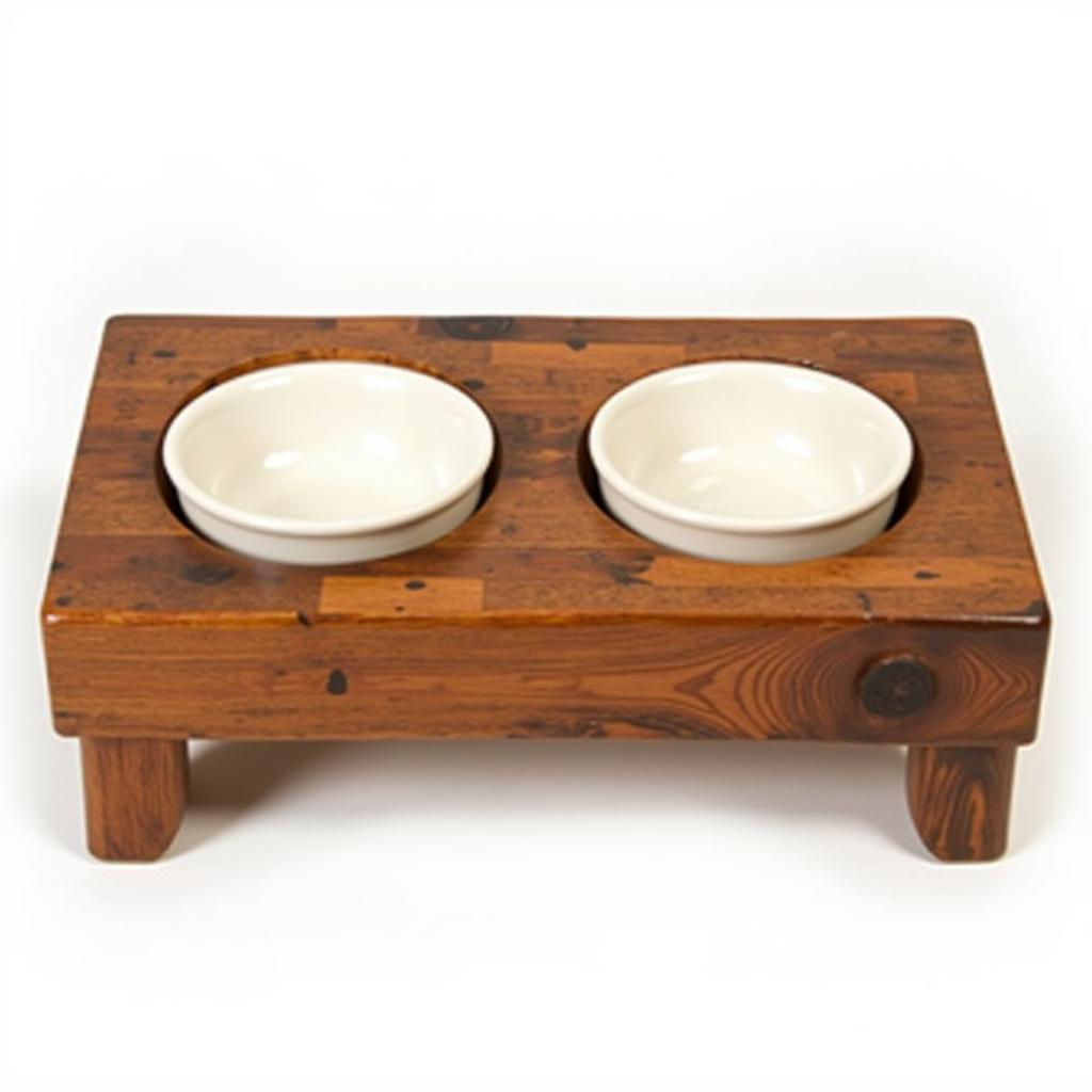 Rustic Wooden Dog Bowl Stand with Two Ceramic Bowls for Small Dogs