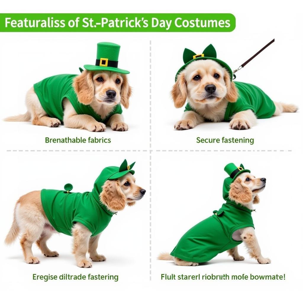 Safe and comfortable St. Patrick's Day dog outfits: Dogs wearing well-fitting, breathable costumes with no choking hazards.