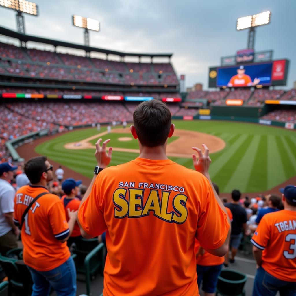 San Francisco Seals Fan Wearing T-Shirt at Baseball Game