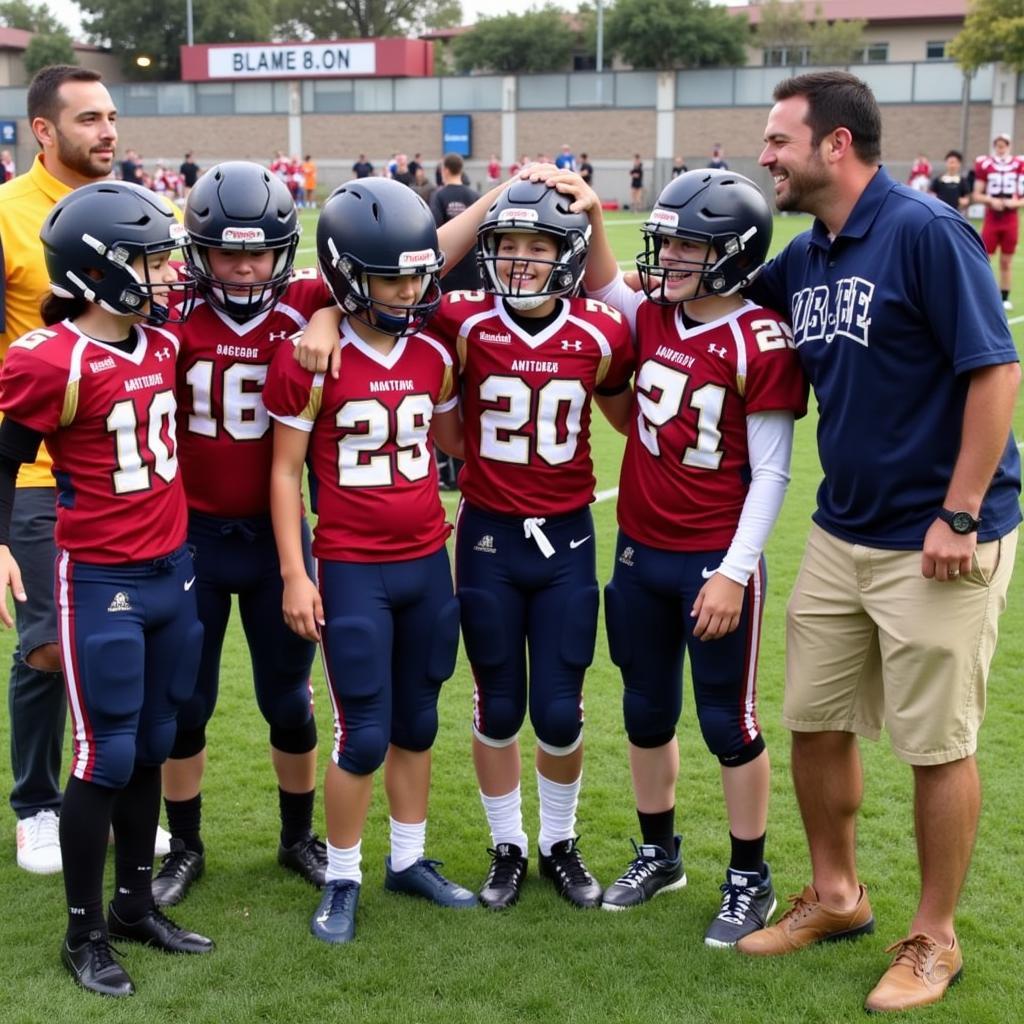 Sanger youth football team celebrating a victory, highlighting team spirit and joy of the game.