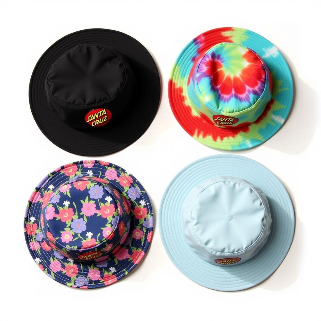 Different styles of Santa Cruz bucket hats showcasing the various designs and colors