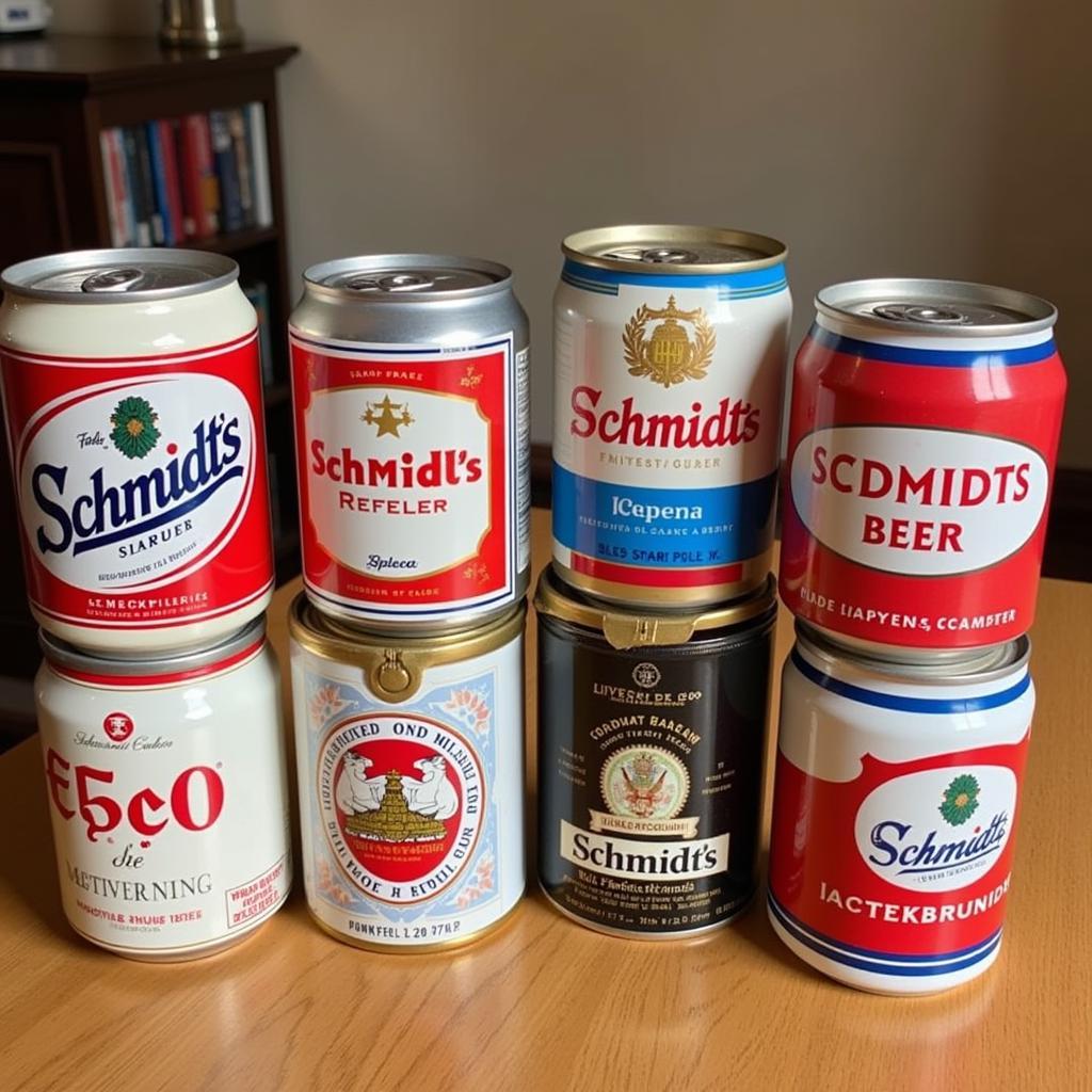 A collection of vintage Schmidt's beer cans showcasing different designs and eras.