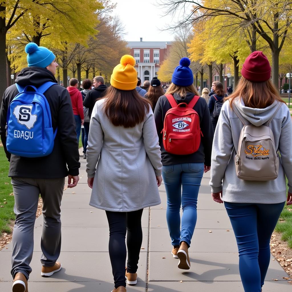 Students wearing SDSU beanies on campus