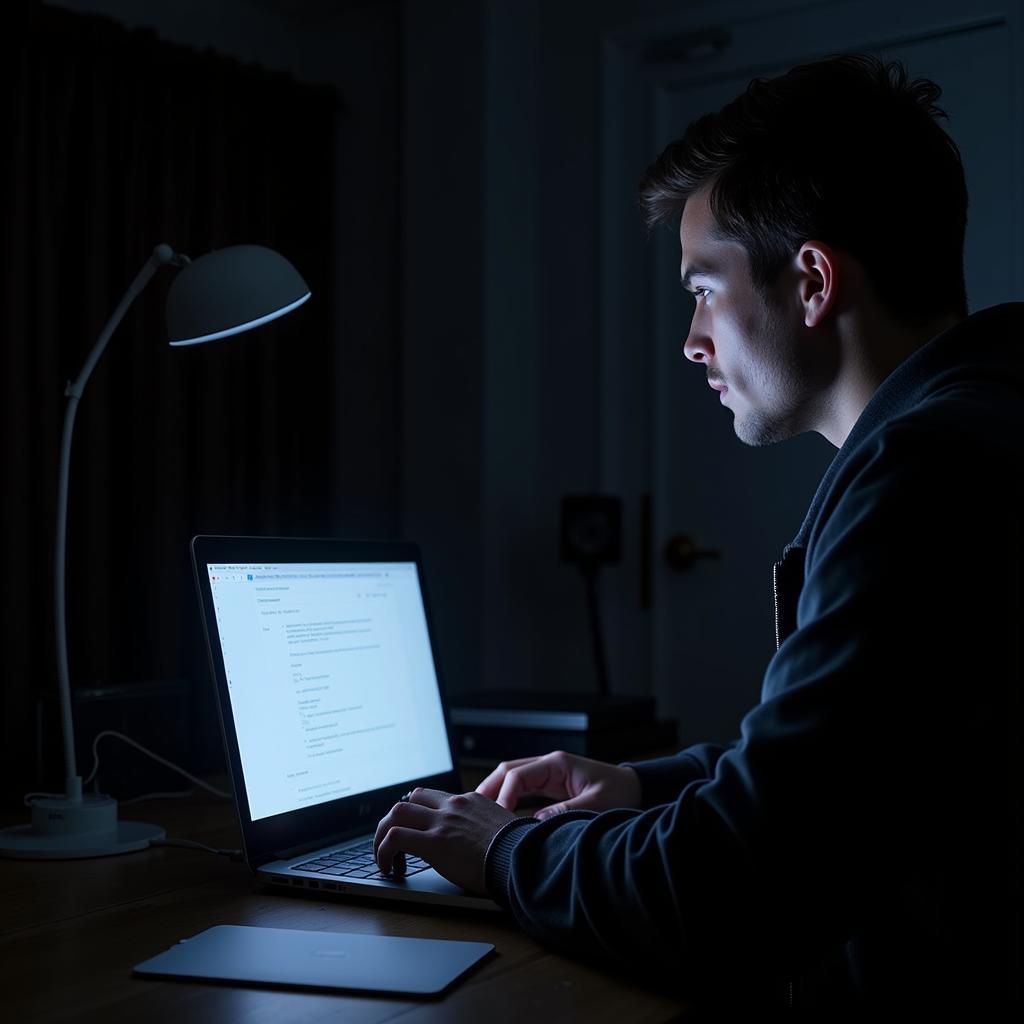 Image depicting a person searching for information on a laptop, representing the process of finding online obituary information, particularly for Justin Yeager.