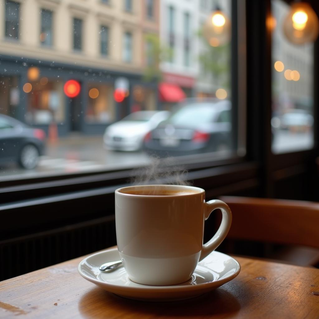 Seattle Mug in a Coffee Shop: A steaming mug of coffee sits on a table in a cozy Seattle coffee shop, with a view of the city outside the window.