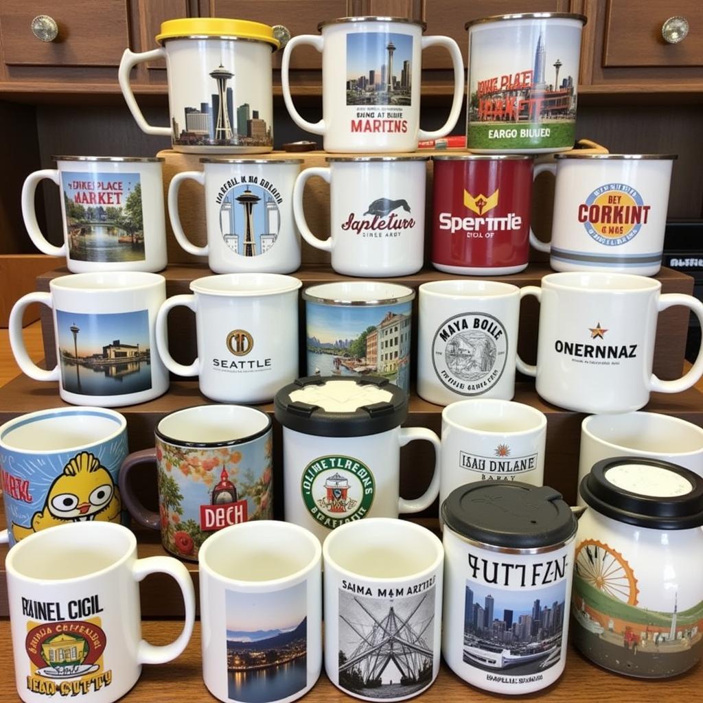 Seattle Mugs Variety: A collection of diverse mug designs showcasing Seattle's landmarks and culture.