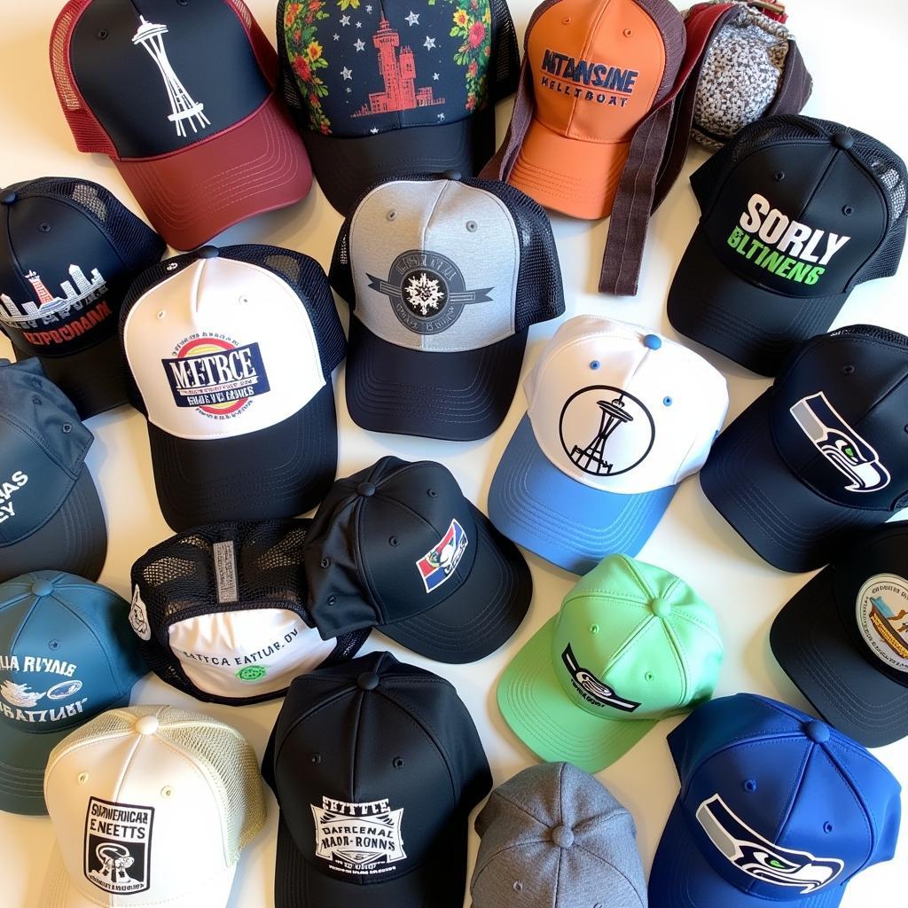 Variety of Seattle Trucker Hats Displayed