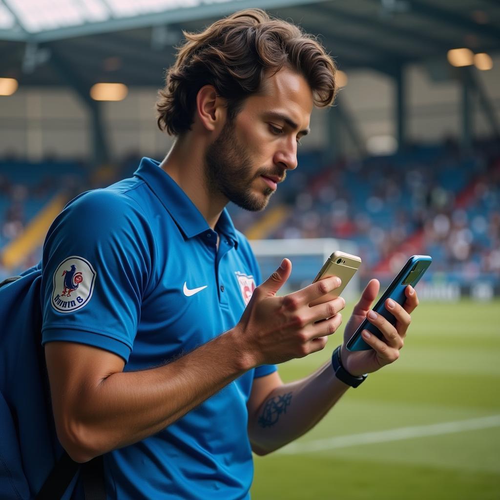 Focused Footballer with Second Phone