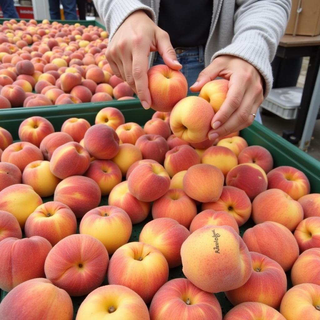 Selecting ripe Pat's Peaches at the market