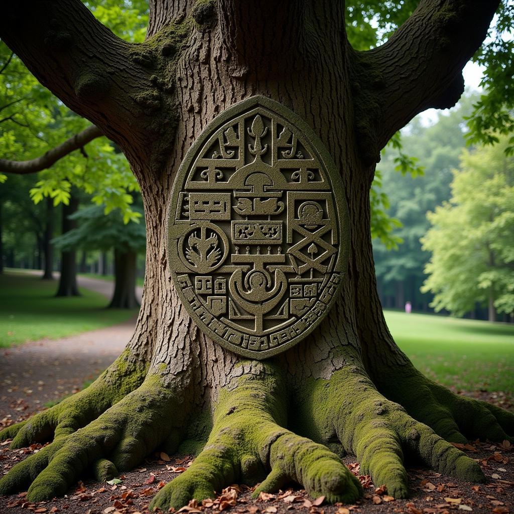 Ancient symbols carved into an oak tree, possibly representing hidden meanings