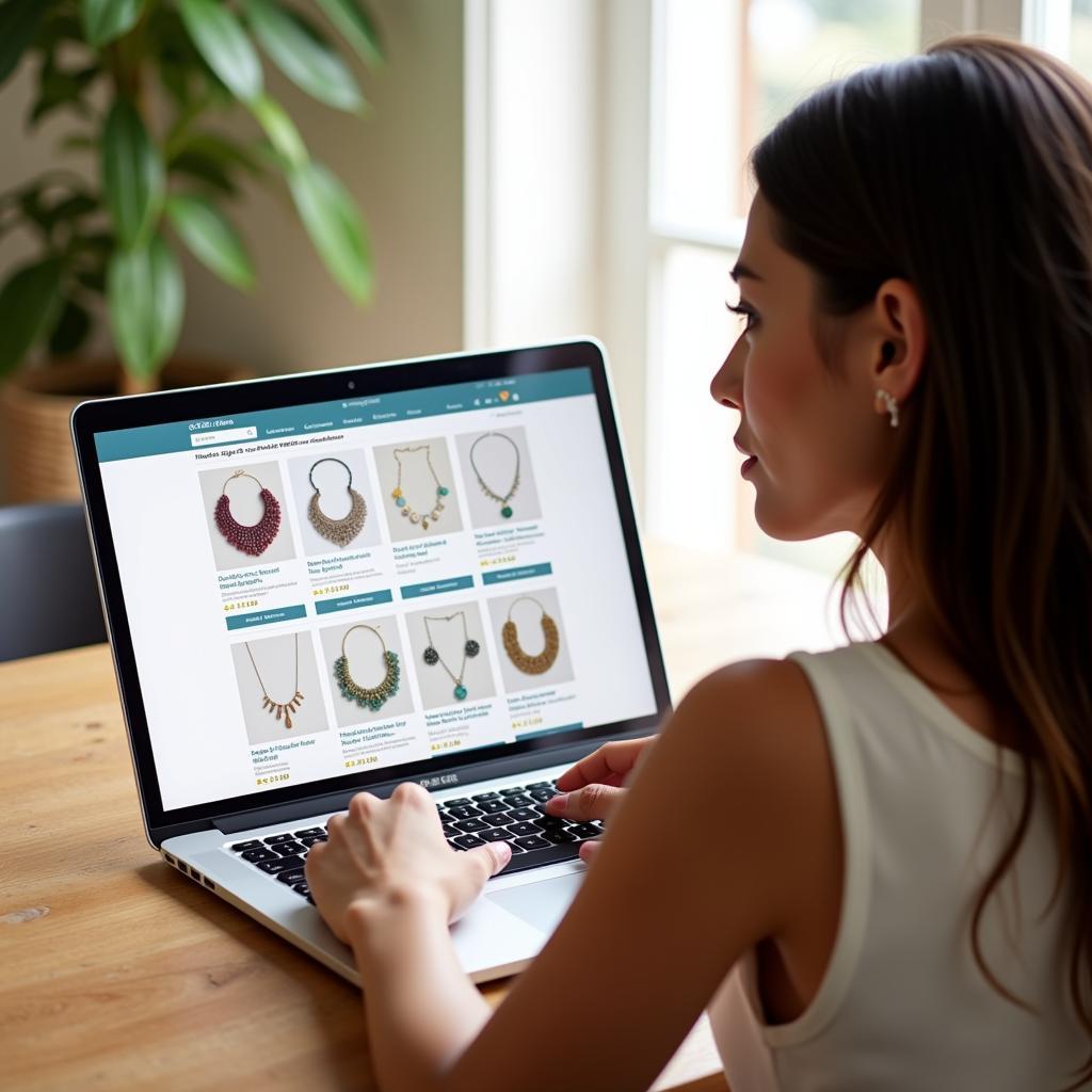 Shopping for Ecuador Necklaces Online - A woman browses a website showcasing a variety of Ecuadorian necklaces, searching for the perfect piece.