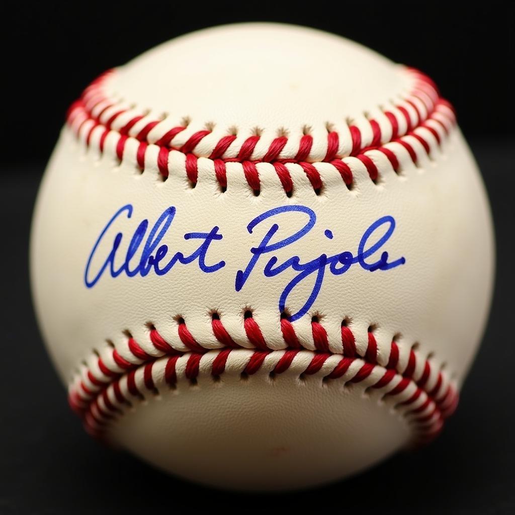 Close-up view of a signed Albert Pujols baseball, showcasing the signature's details and the ball's condition.