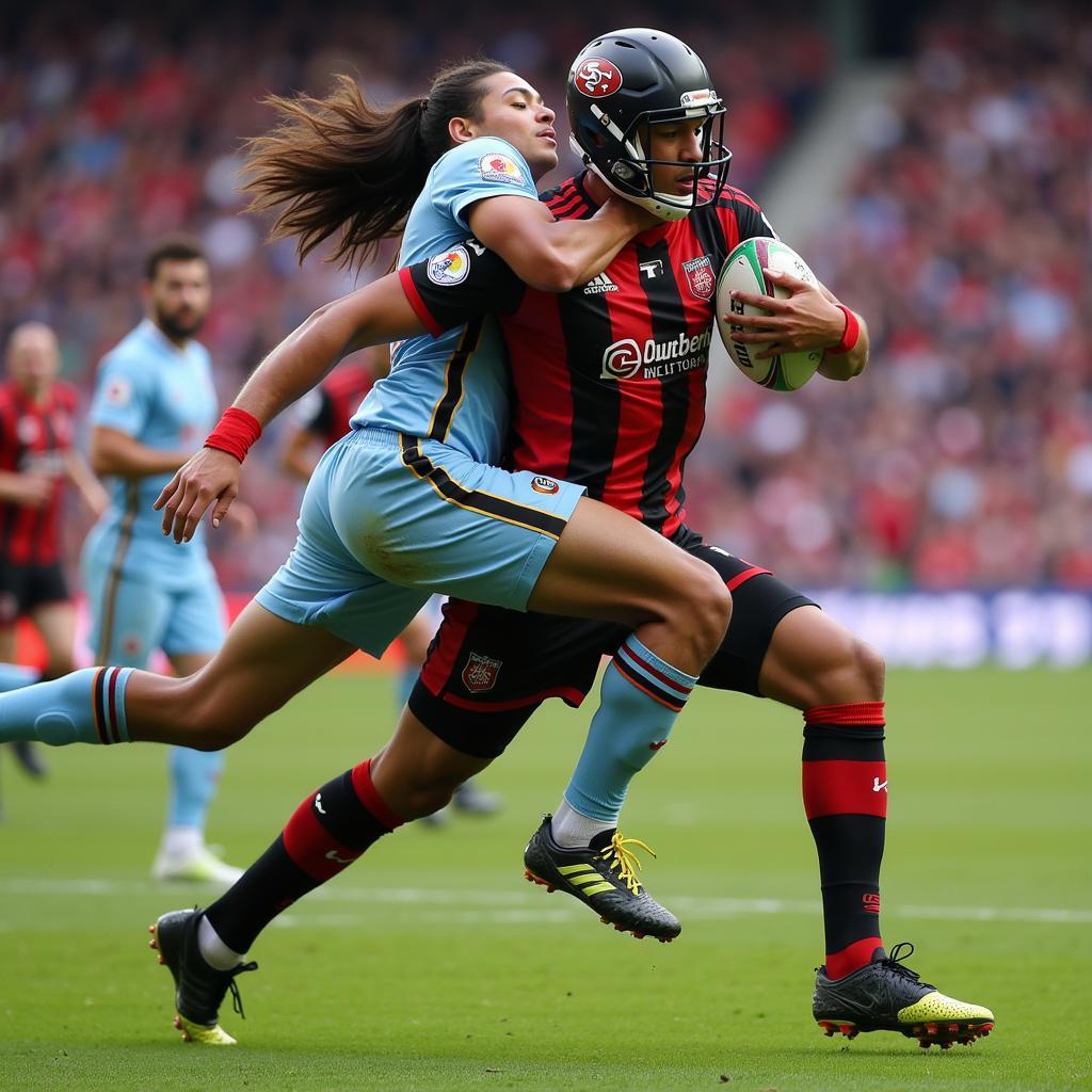 A Football Player Executing a Slam Tackle