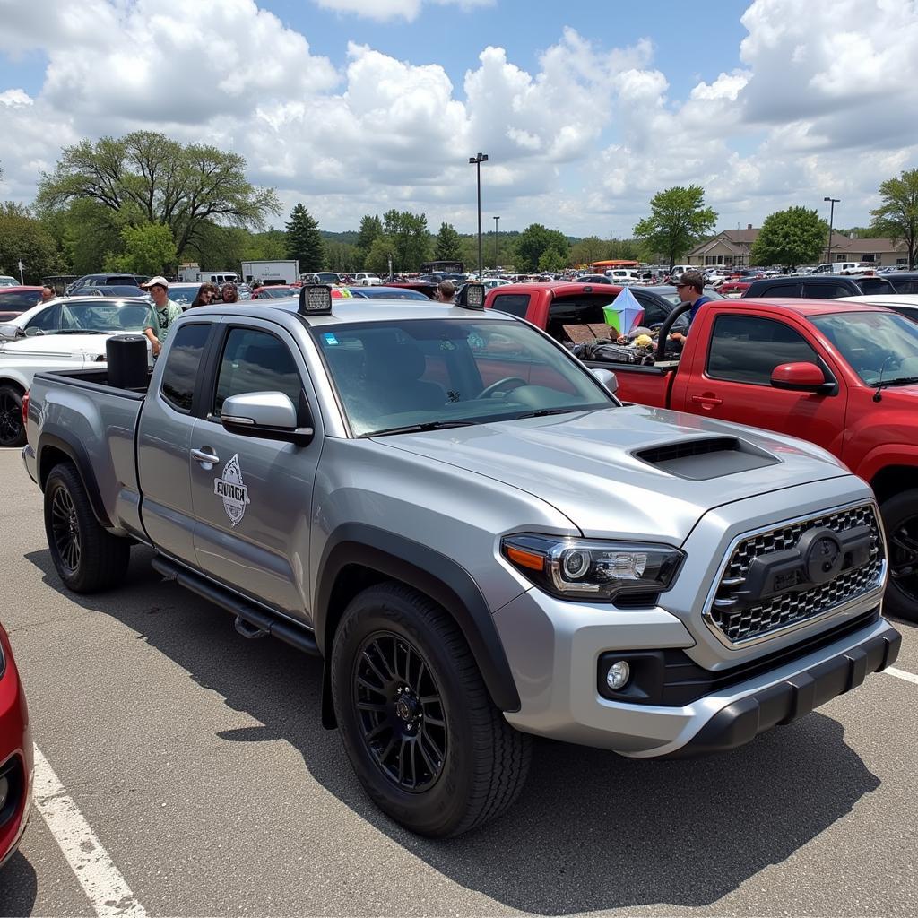 Group of slam Tacoma trucks parked together at a meetup