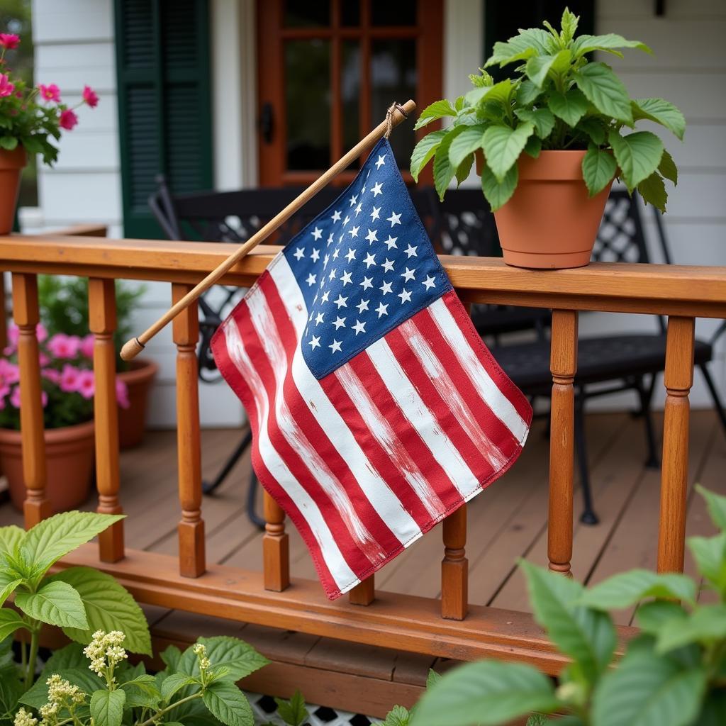 Small Metal American Flag Decorating a Porch Railing