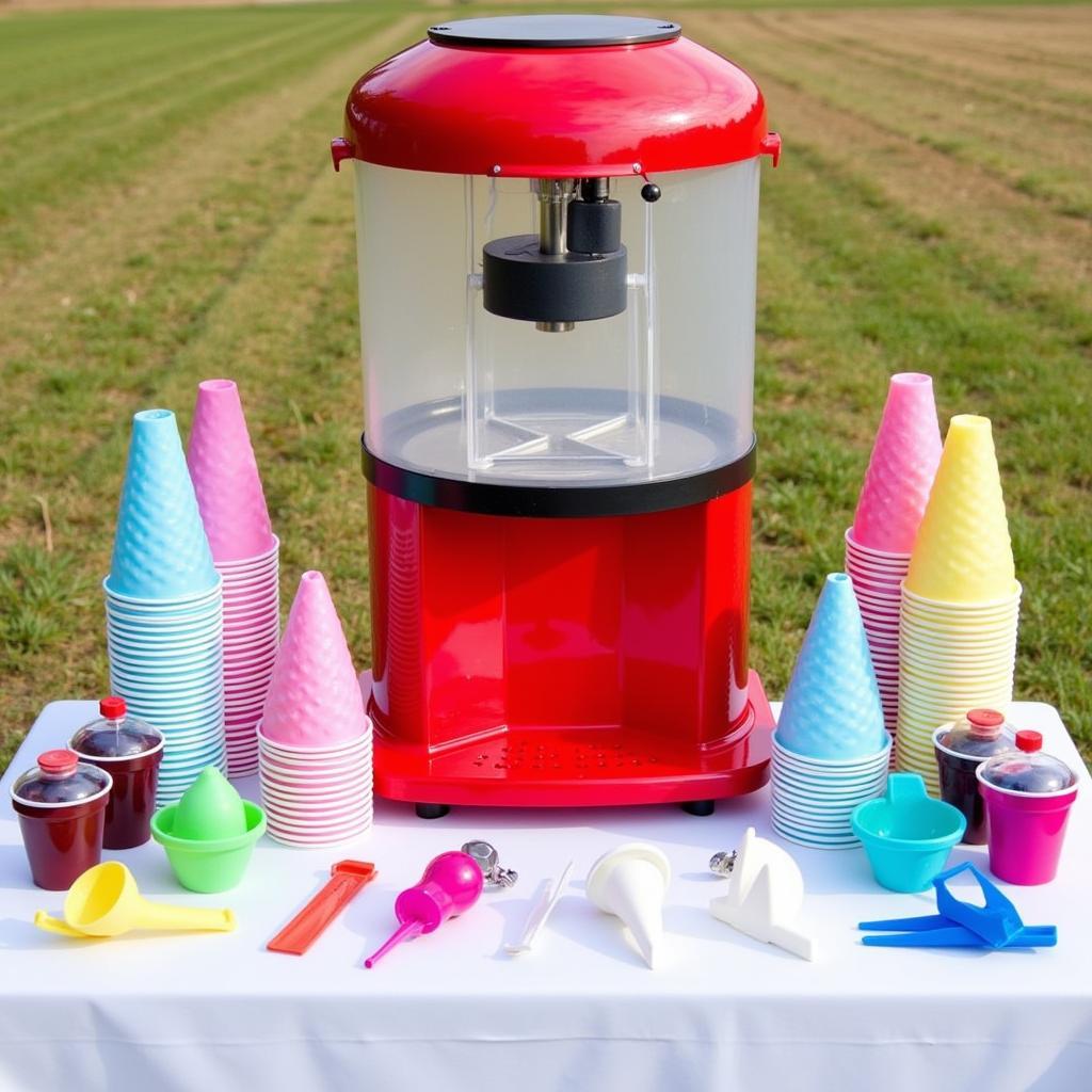 Snow cone machine in a start-up package including cups, syrups, and other essentials.