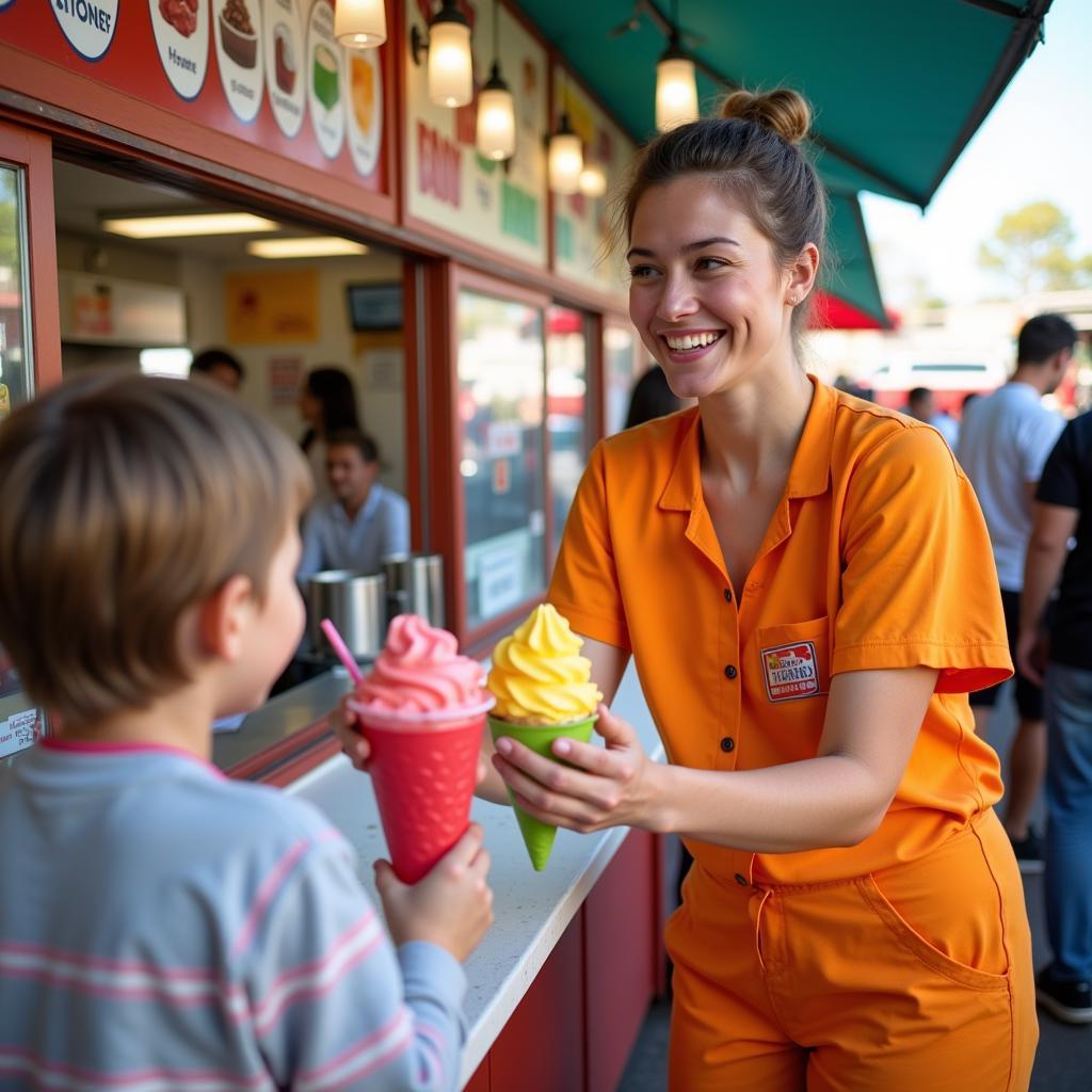 Snow cone stand operator serving happy customers