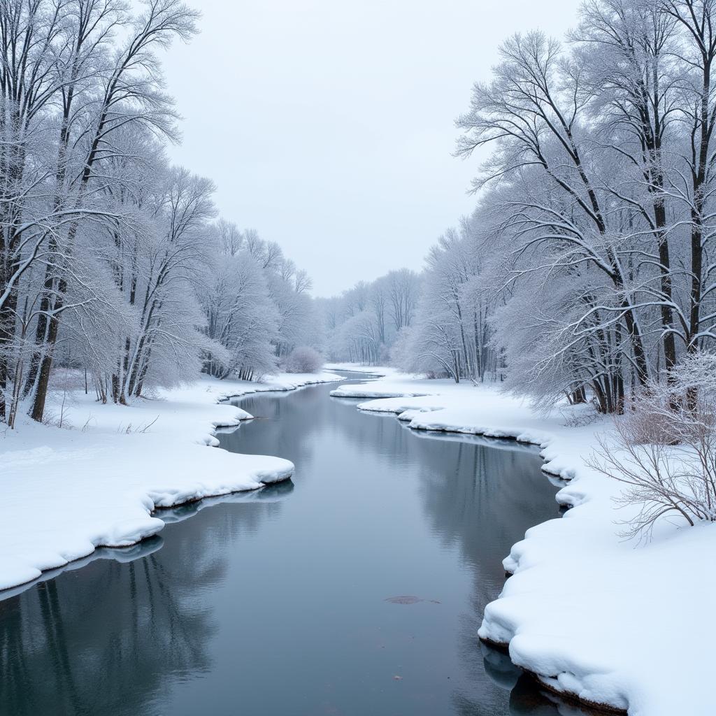 Snow Covered River Banks in Winter