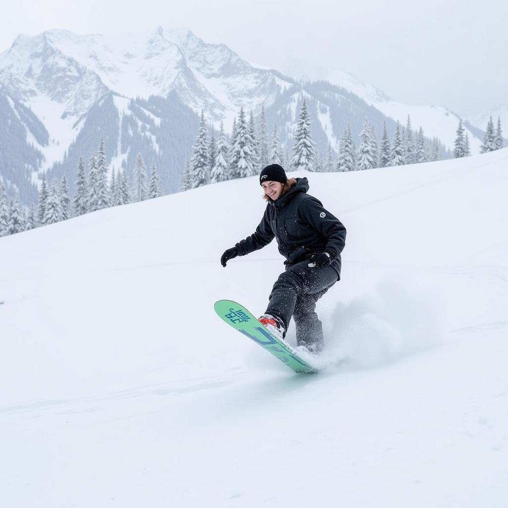 Snowboarder Riding Powder on a 2018 Never Summer West Snowboard