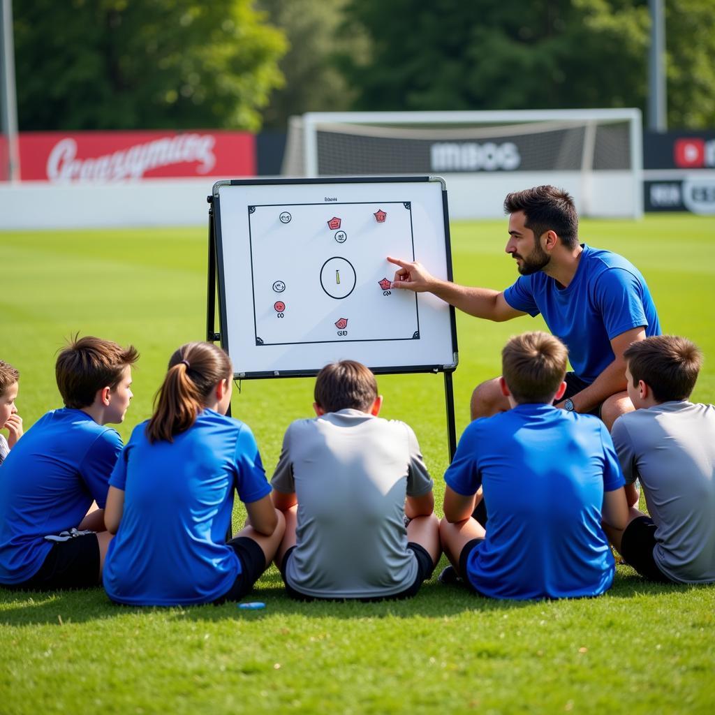 Coach discussing soccer tactics with young players