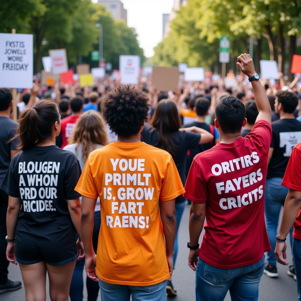 People wearing social justice shirts at a protest