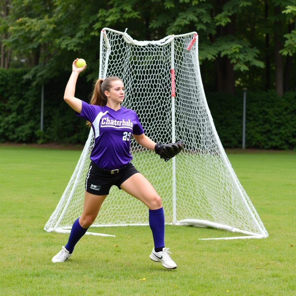 Softball pitcher practicing with a net