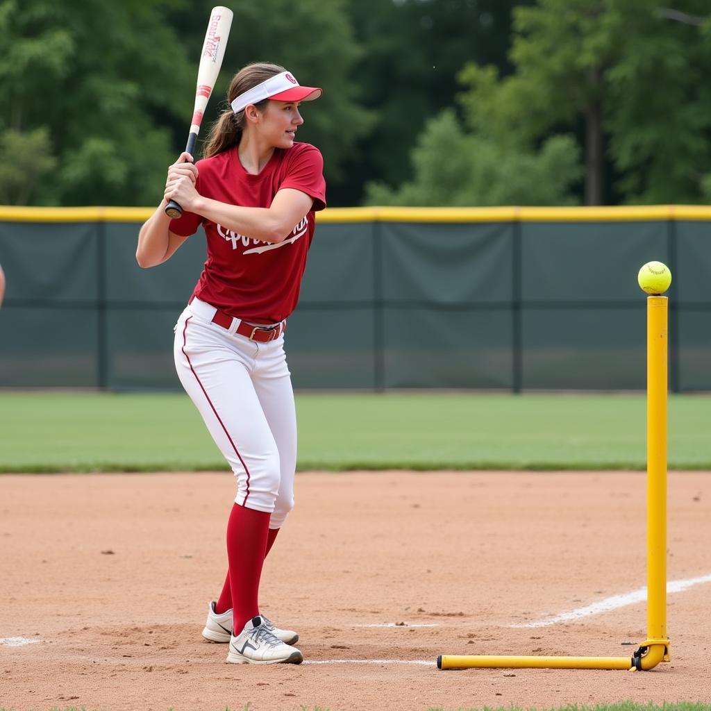 Softball Player Using Practice Softballs for Tee Work