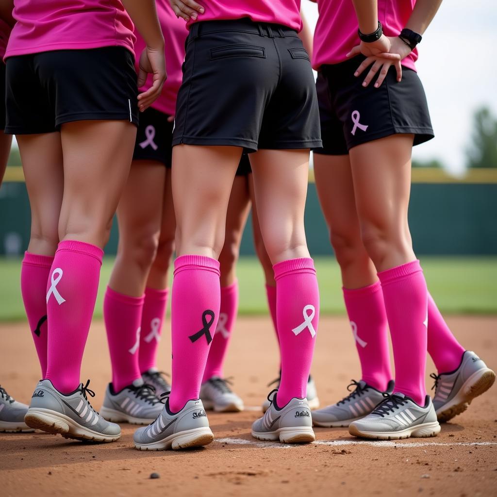 A softball team huddles together, all wearing pink cancer awareness socks.