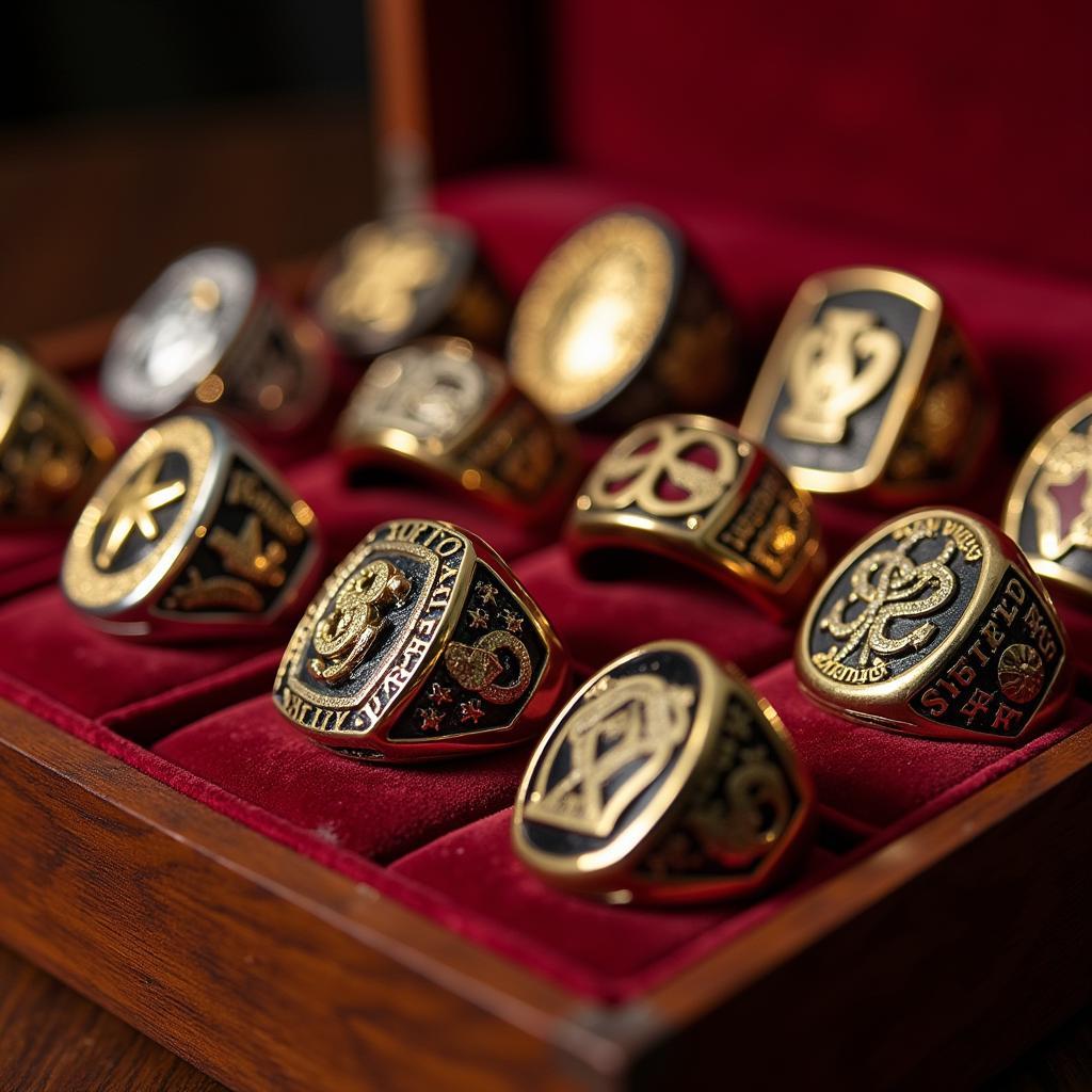 Softball trophy rings displayed in a case