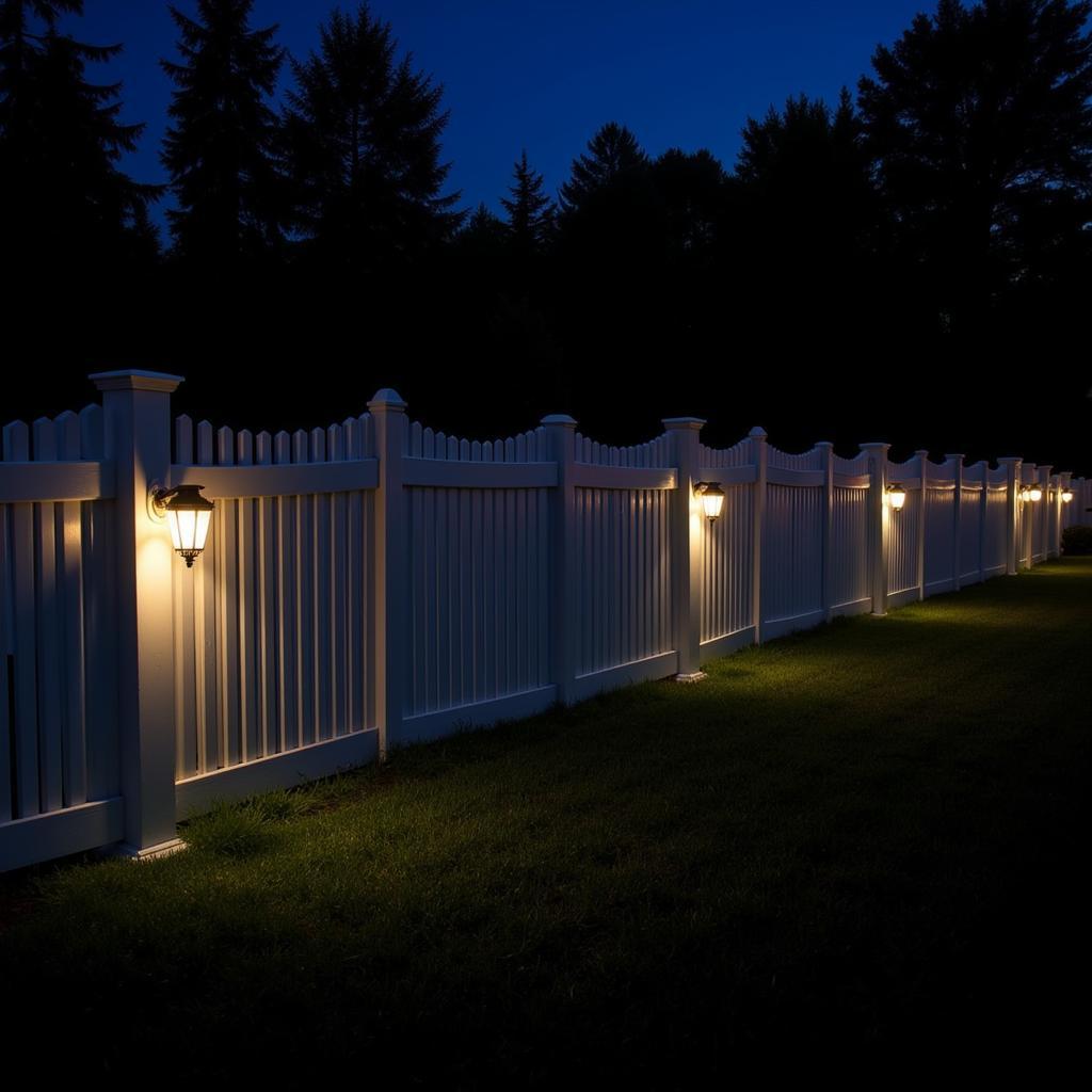 Solar Light Caps on Vinyl Fence: Night View