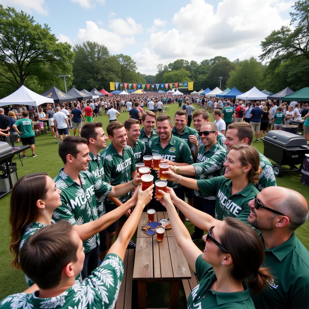 Spartan Fans Wearing Hawaiian Shirts at a Tailgate Party