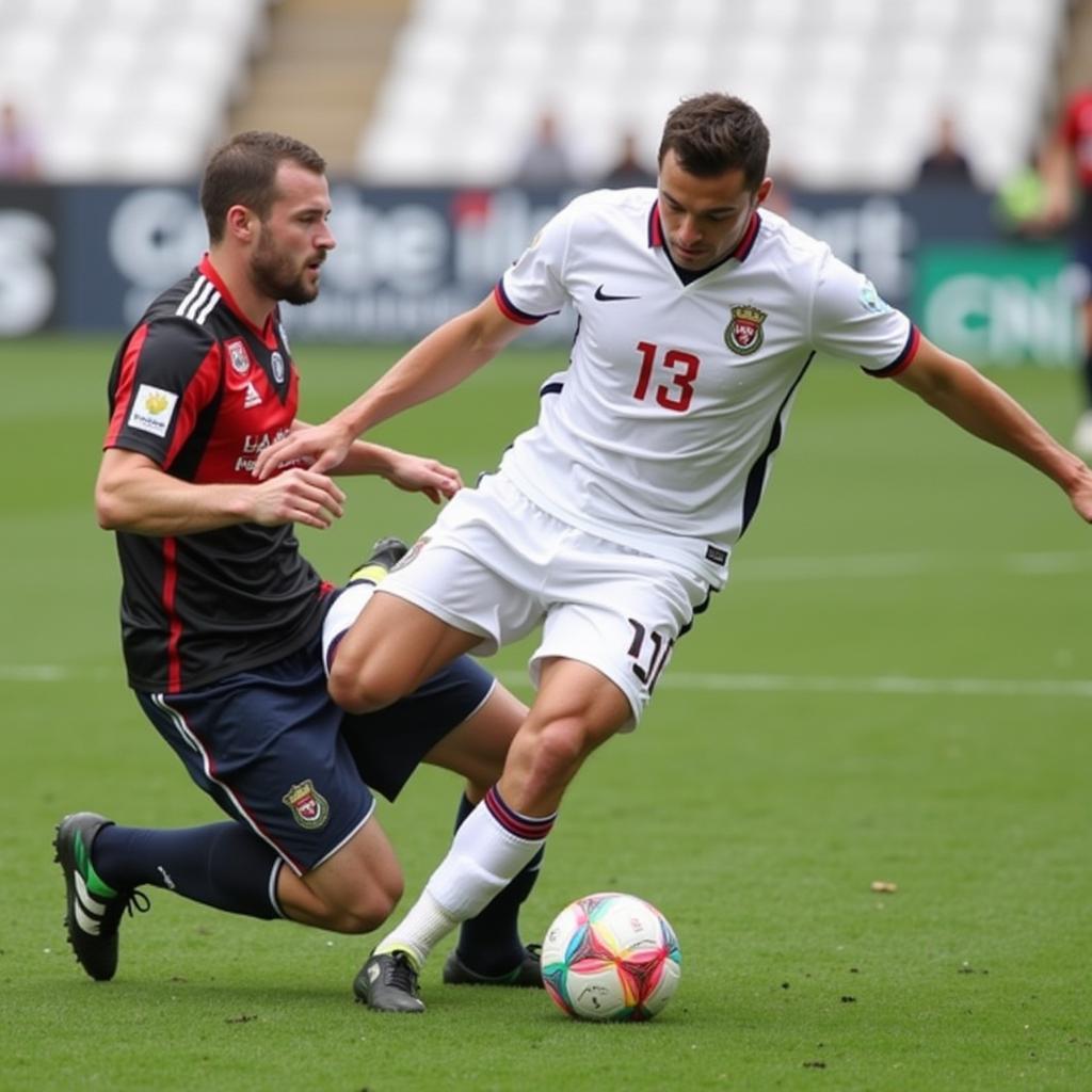 A midfielder in a game using the springer seat to control the ball and scan the field.