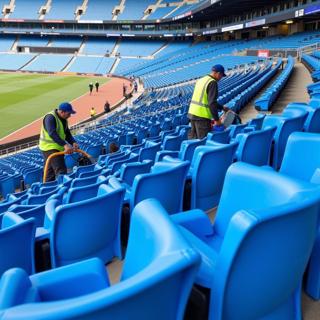 Stadium maintenance crew cleaning blue stadium seats