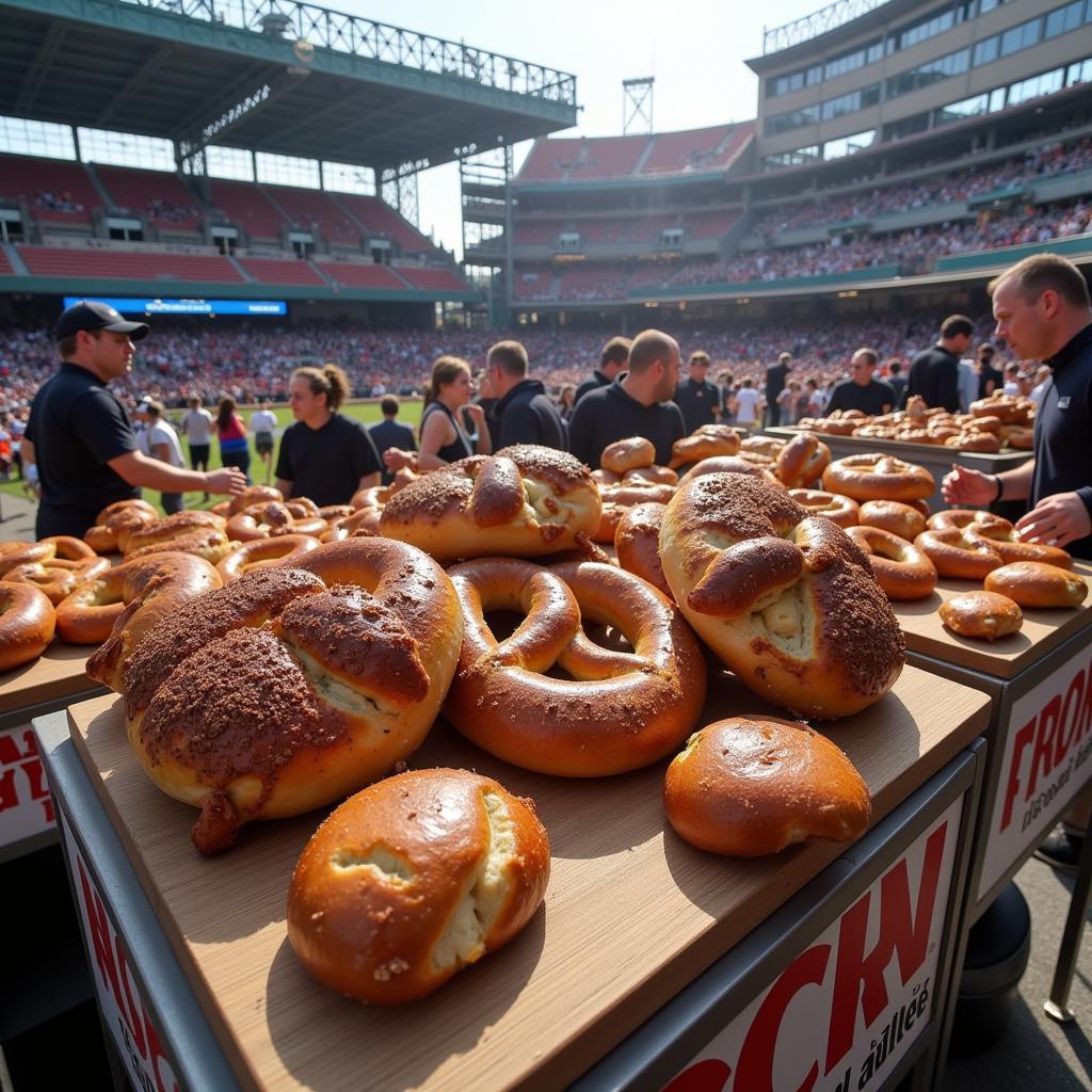 Stadium pretzel vendors selling fresh pretzels at a sporting event.