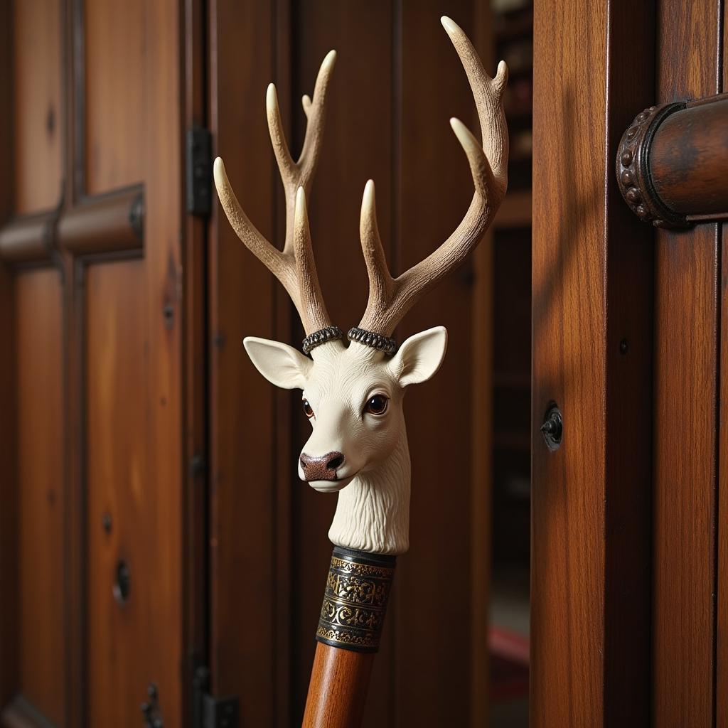 Stag Head Walking Stick on Wooden Background