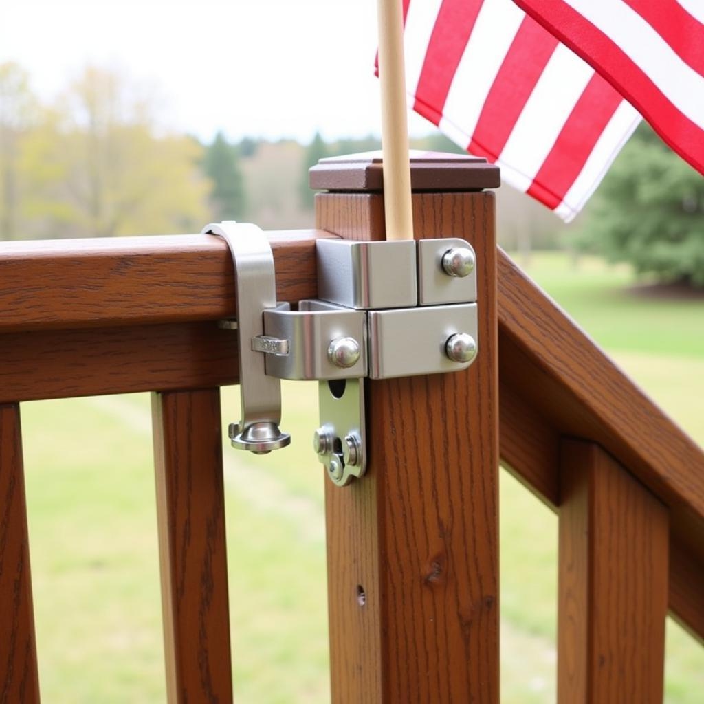 Durable stainless steel flag pole holder mounted on a wooden deck railing.