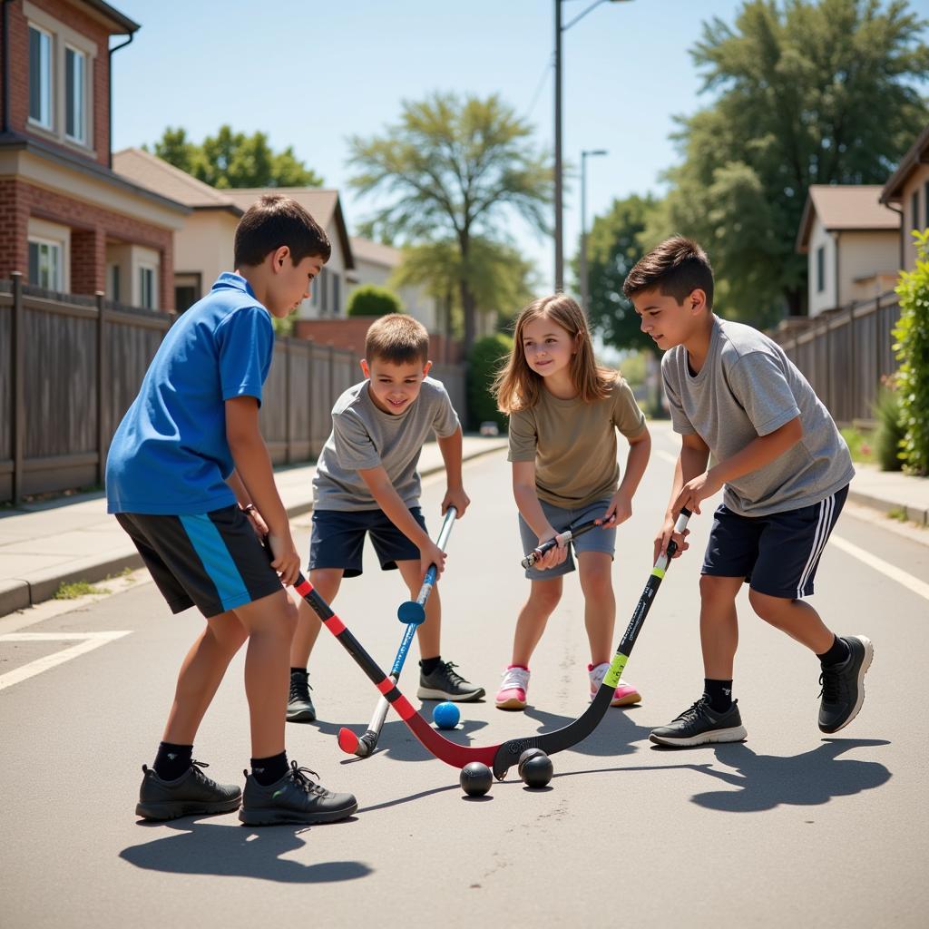 Street hockey game in action