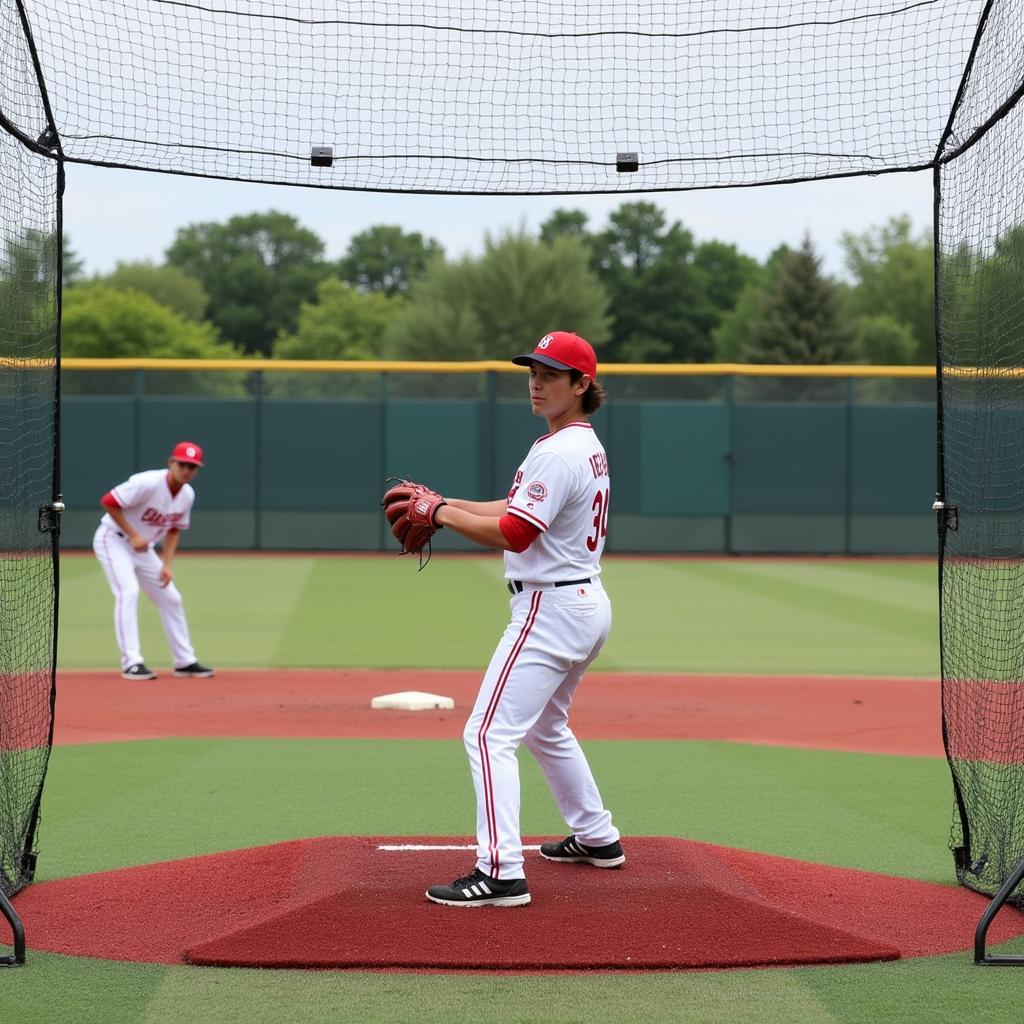 Pitching drills with a strike zone baseball net