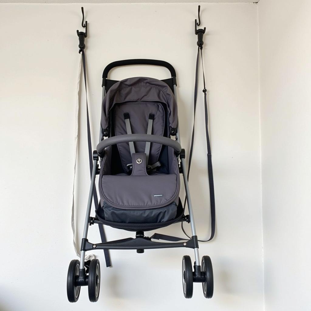 Hanging a stroller with hooks and straps in a garage