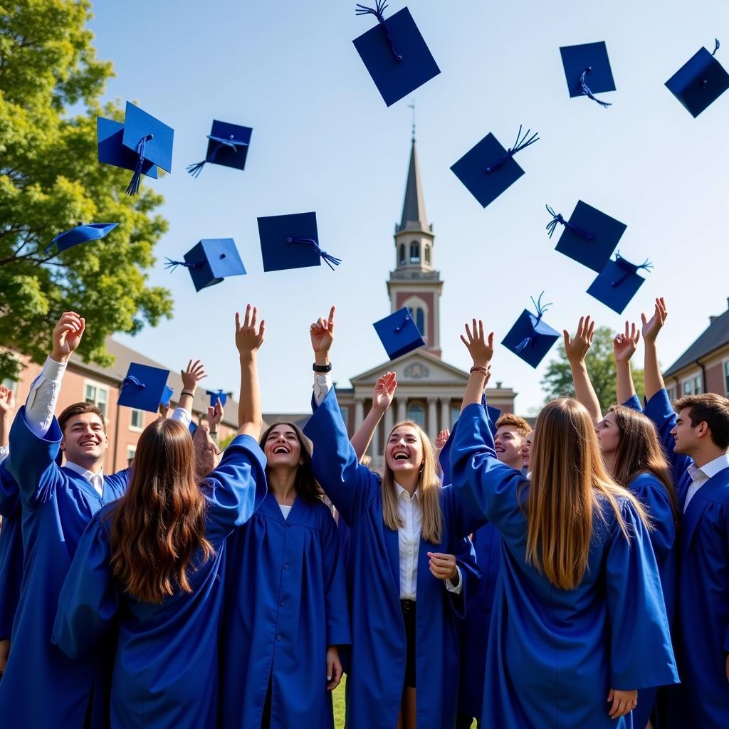 Graduates celebrating with royal blue graduation caps