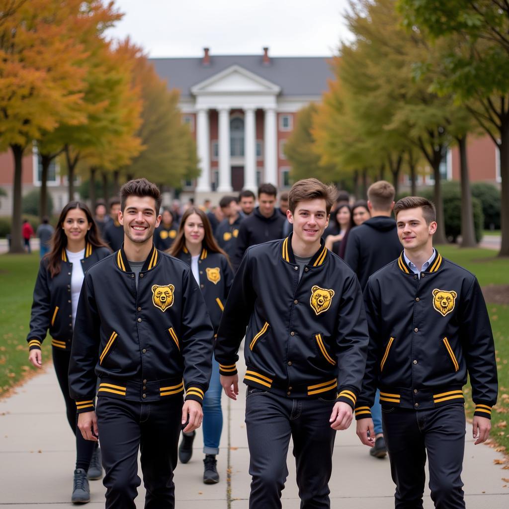 Students proudly wearing golden bear varsity jackets on campus