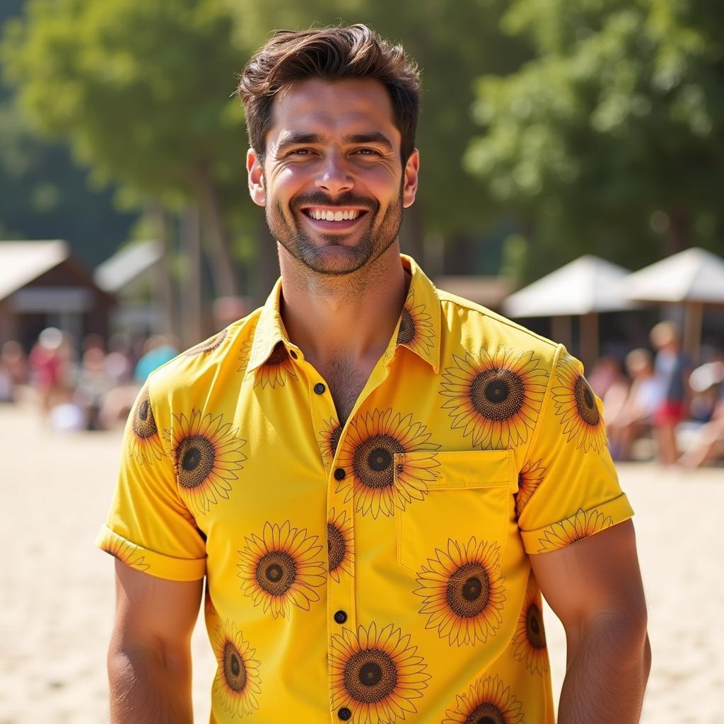 Men's summer style sunflower button up shirt