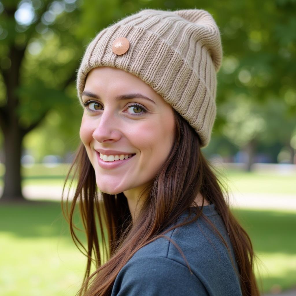 Woman wearing a recycled cal beanie