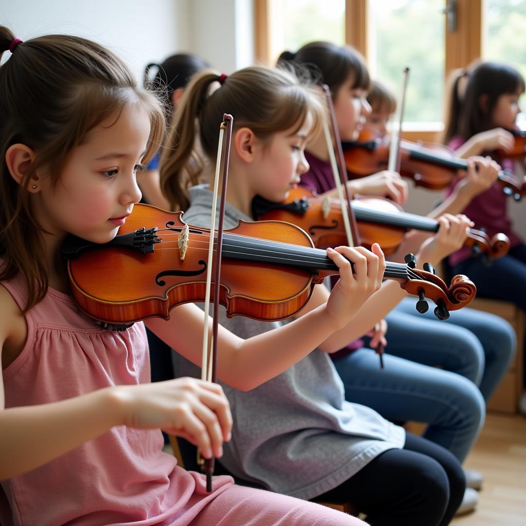 Children Playing Violins in a Suzuki Music School