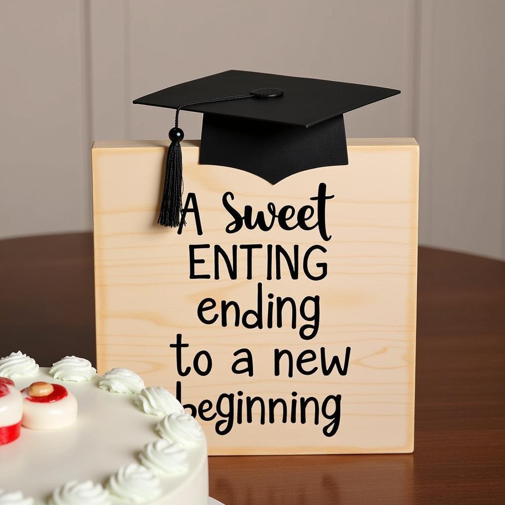 Graduation sign with the phrase "A sweet ending to a new beginning"