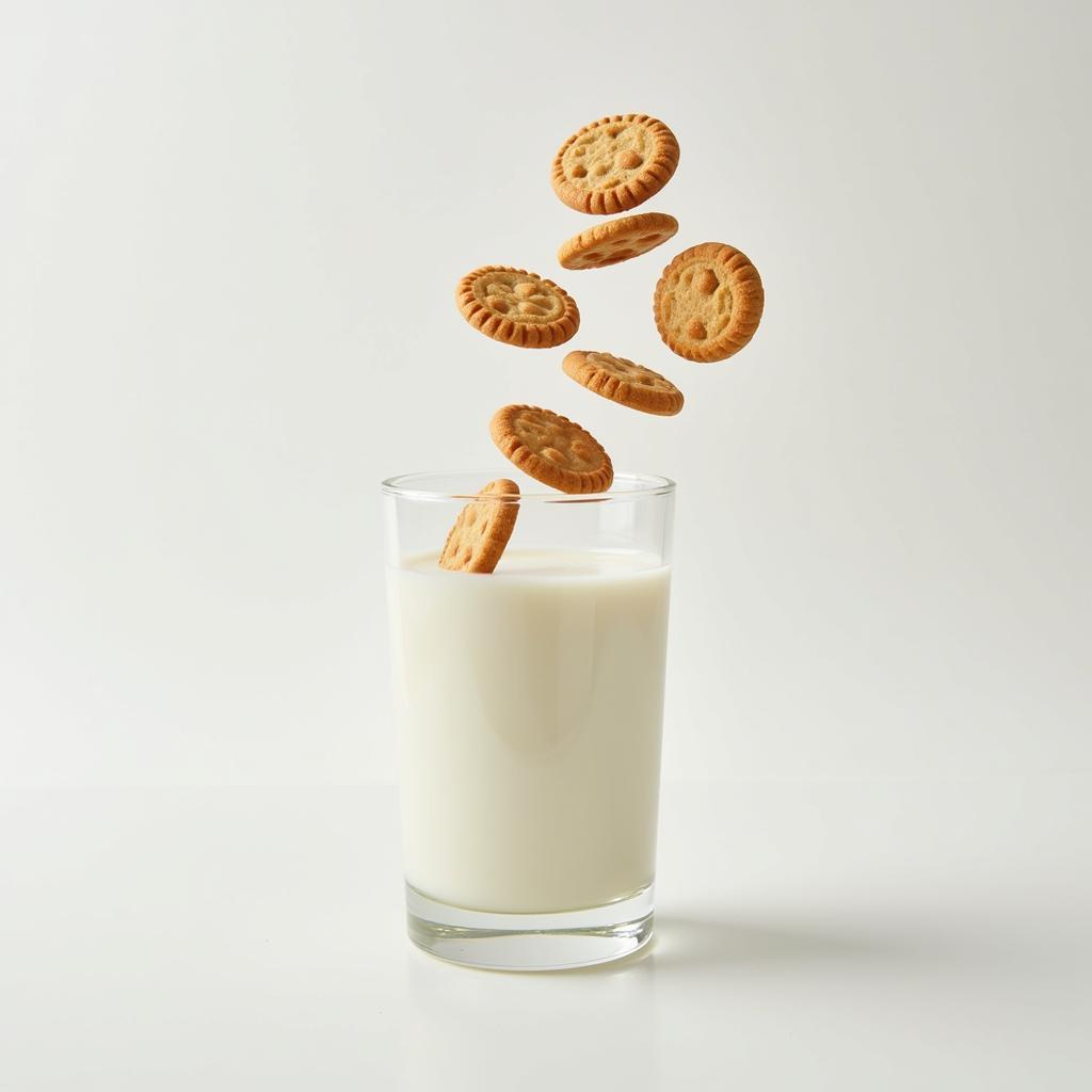 Swimmer cookies floating in a glass of milk