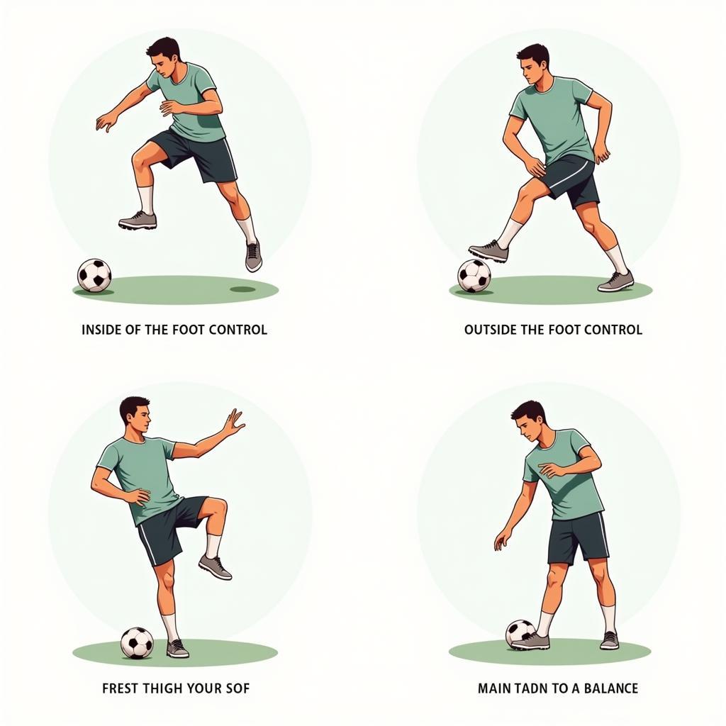 Different techniques for controlling the ball with the first touch in football.