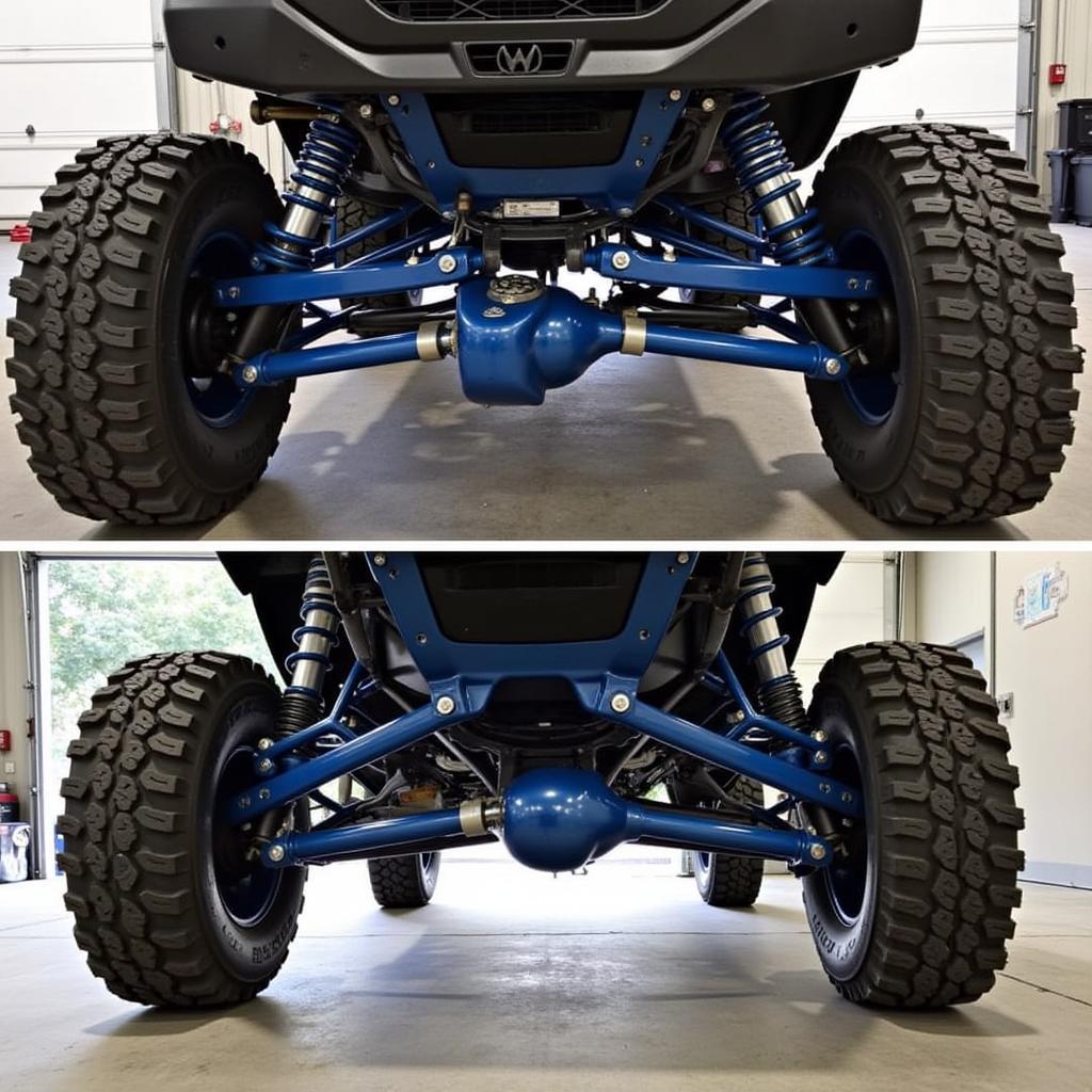 Close-up view of a slammed Tacoma's suspension system